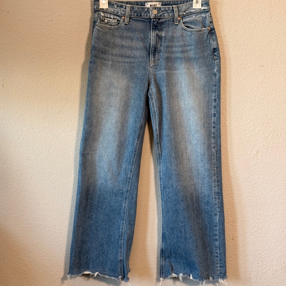 Paige Leenah Ankle Wide Leg Jeans Organic Cotton Blue 29 Raw Hem Distressed